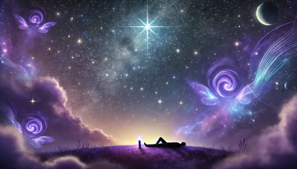 A person rests under a vast starry sky, lit by a violet candle. Ethereal forms drift above, with deep blues and purples creating a tranquil, cosmic, and mystical atmosphere.